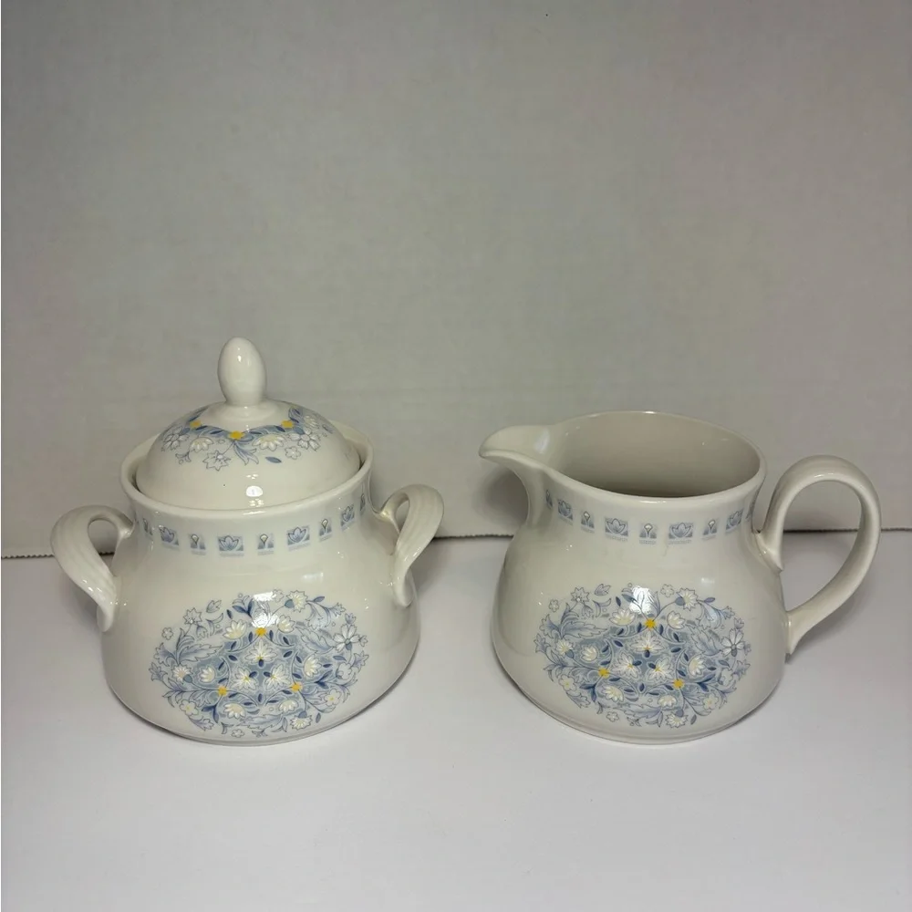 Royal Doulton Blue Floral Sugar Bowl With Lid and Creamer Set Grannycore